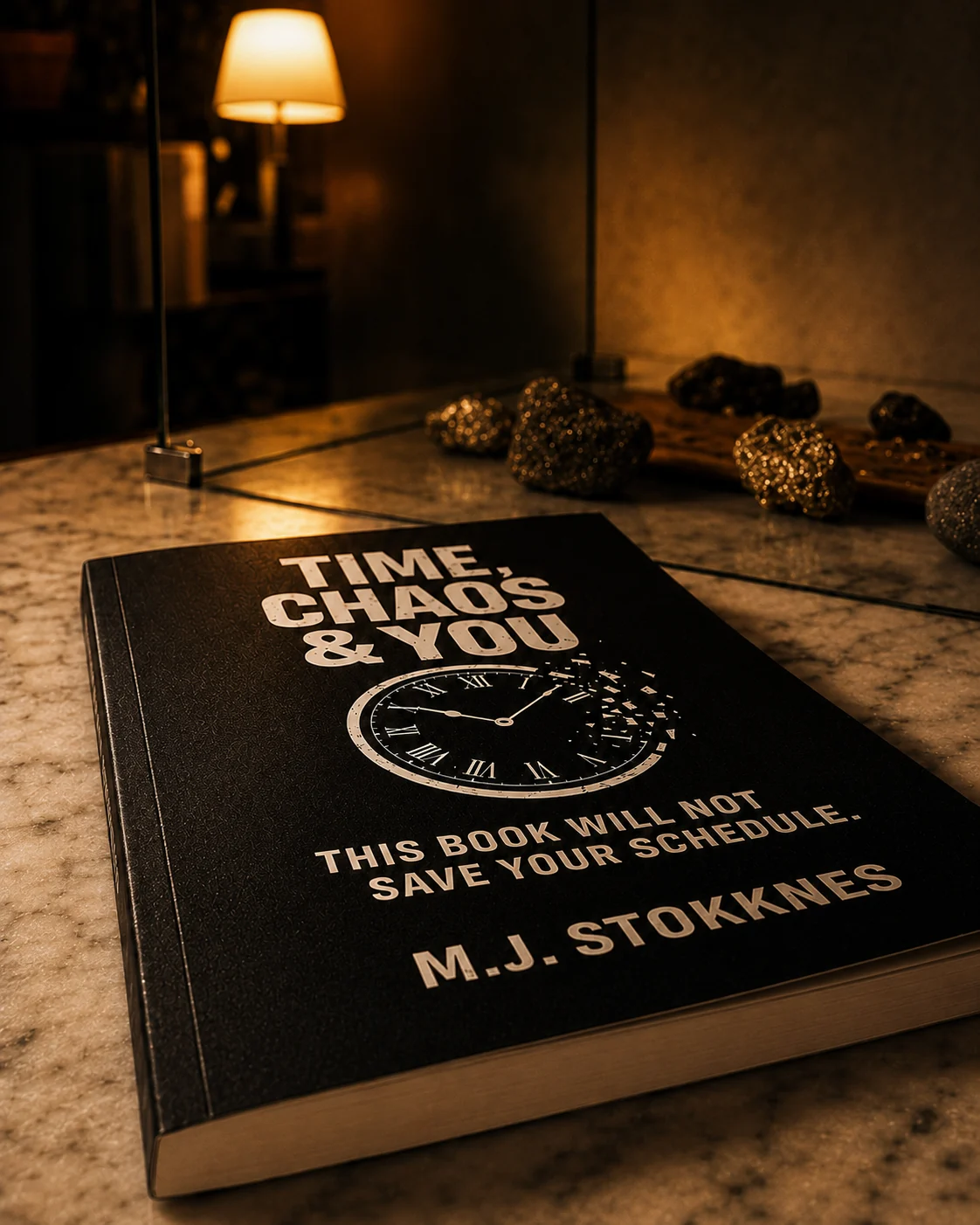 A copy of Time, Chaos & You photographed on stone in warm light