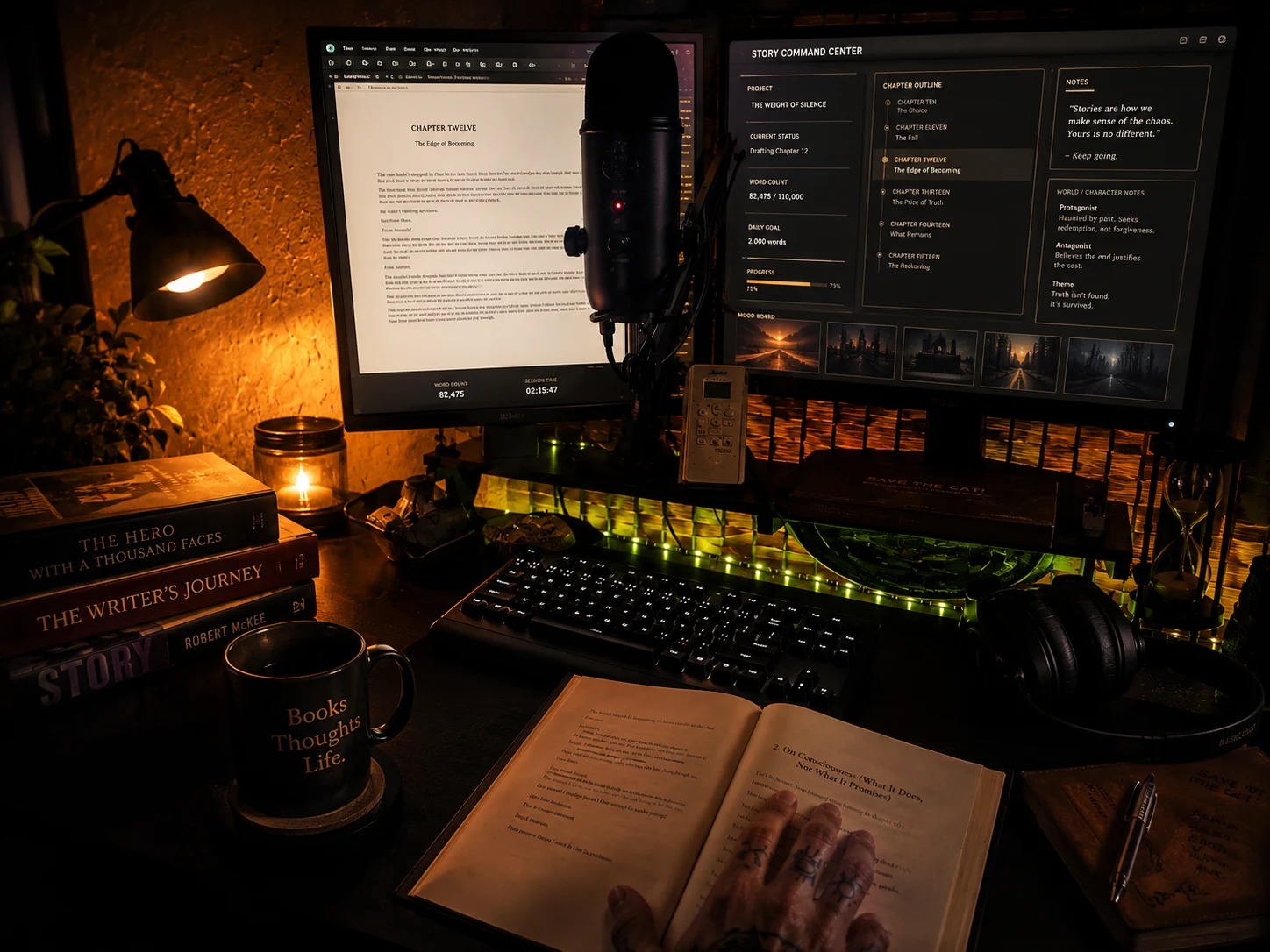 Warm writing desk and screens inside the author workspace
